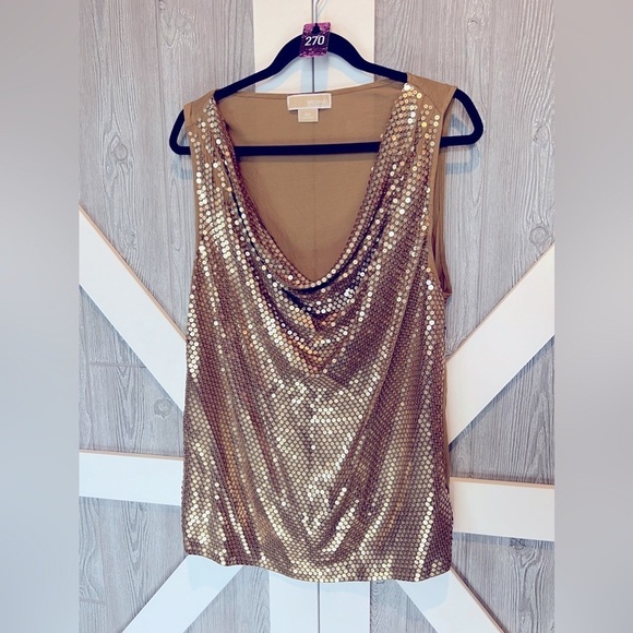 270. MICHAEL Michael Kors Gold Sequined Top Draped Neck 2x - Picture 2 of 3